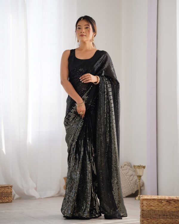Black Heavy Georgette Sequin Saree with Unstitched Blouse - Image 5