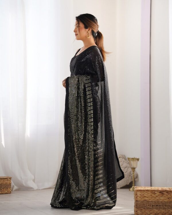 Black Heavy Georgette Sequin Saree with Unstitched Blouse - Image 2