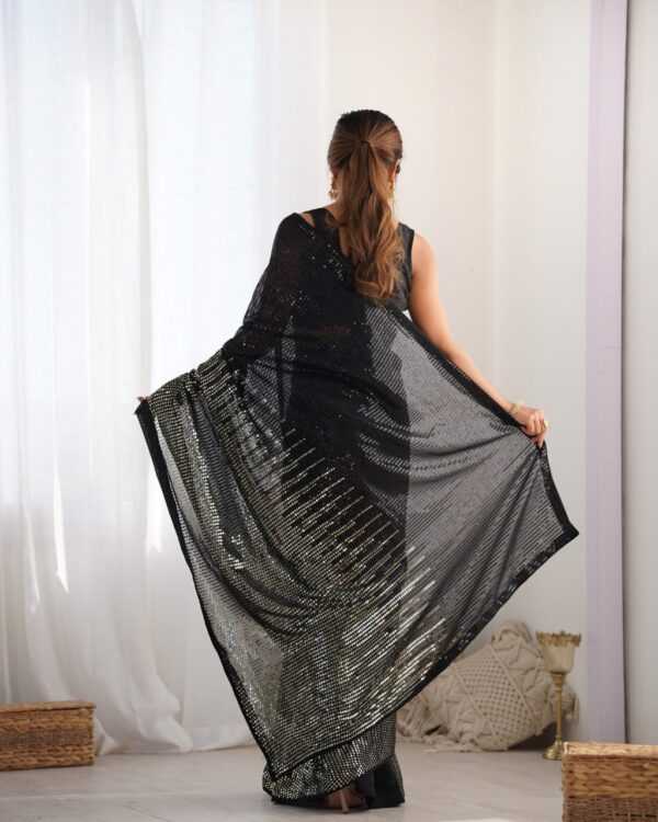 Black Heavy Georgette Sequin Saree with Unstitched Blouse - Image 3