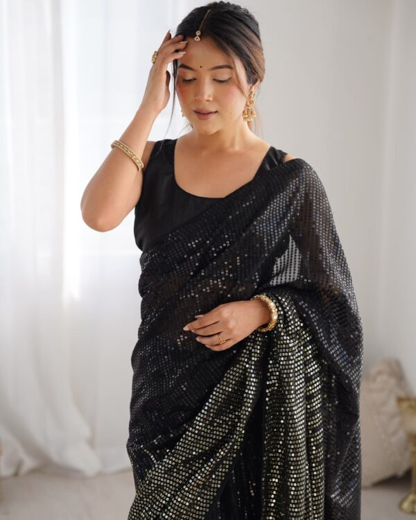 Black Heavy Georgette Sequin Saree with Unstitched Blouse - Image 4