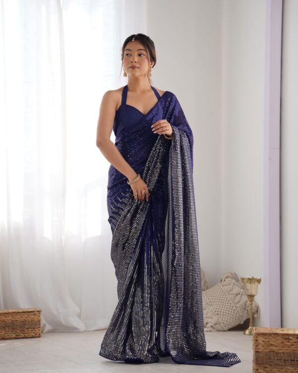Blue Heavy Georgette Sequin Saree with Unstitched Blouse