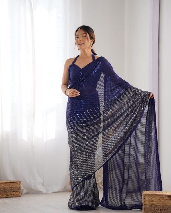 Blue Heavy Georgette Sequin Saree with Unstitched Blouse - Image 5
