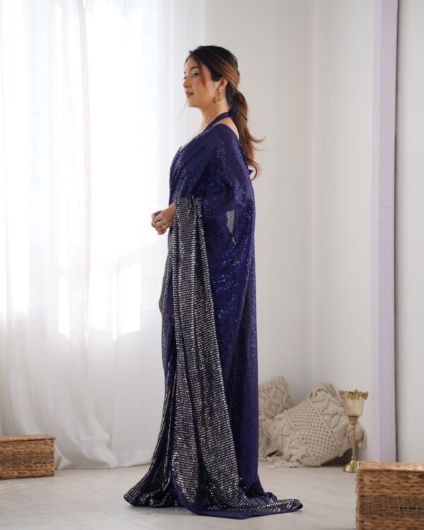 Blue Heavy Georgette Sequin Saree with Unstitched Blouse - Image 4