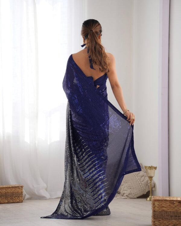 Blue Heavy Georgette Sequin Saree with Unstitched Blouse - Image 3