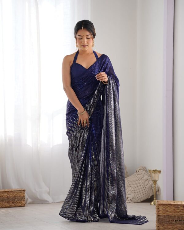 Blue Heavy Georgette Sequin Saree with Unstitched Blouse - Image 2