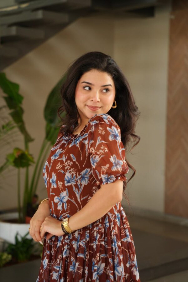 Brown Desirable Floral Flair Gown in Premium Faux Georgette - Image 4