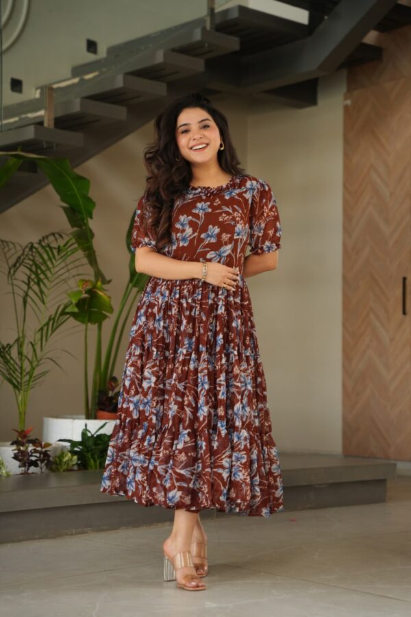 Brown Desirable Floral Flair Gown in Premium Faux Georgette