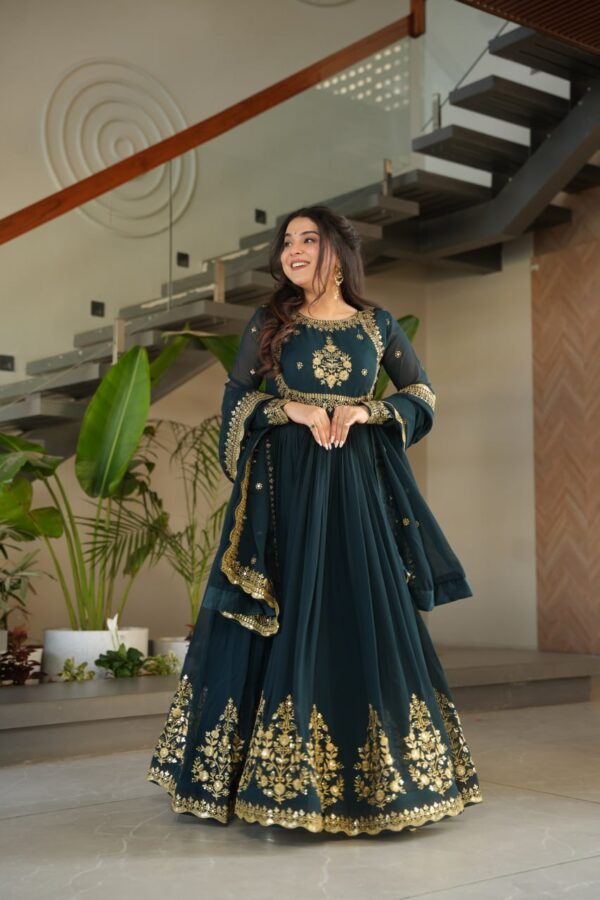Designer Faux Georgette Gown with Zari & Sequin Work + Dupatta - Image 5