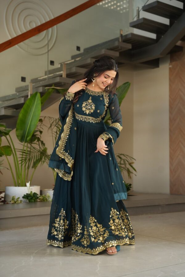 Designer Faux Georgette Gown with Zari & Sequin Work + Dupatta