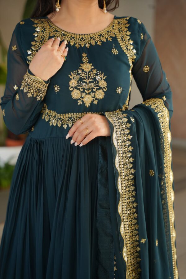 Designer Faux Georgette Gown with Zari & Sequin Work + Dupatta - Image 4
