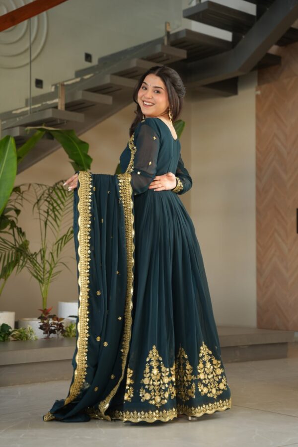 Designer Faux Georgette Gown with Zari & Sequin Work + Dupatta - Image 3