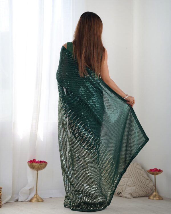 Green Heavy Georgette Sequin Saree with Unstitched Blouse - Image 4
