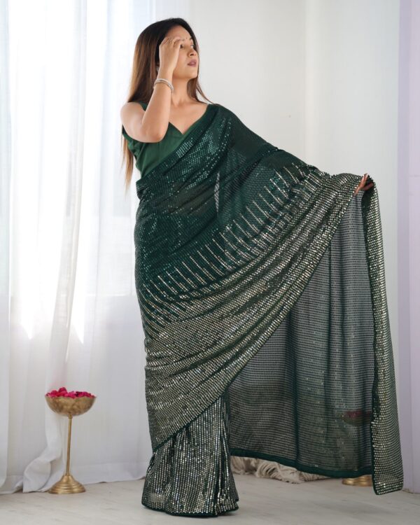 Green Heavy Georgette Sequin Saree with Unstitched Blouse - Image 3