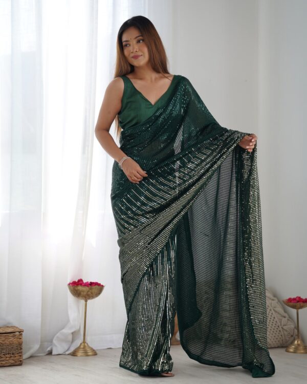 Green Heavy Georgette Sequin Saree with Unstitched Blouse
