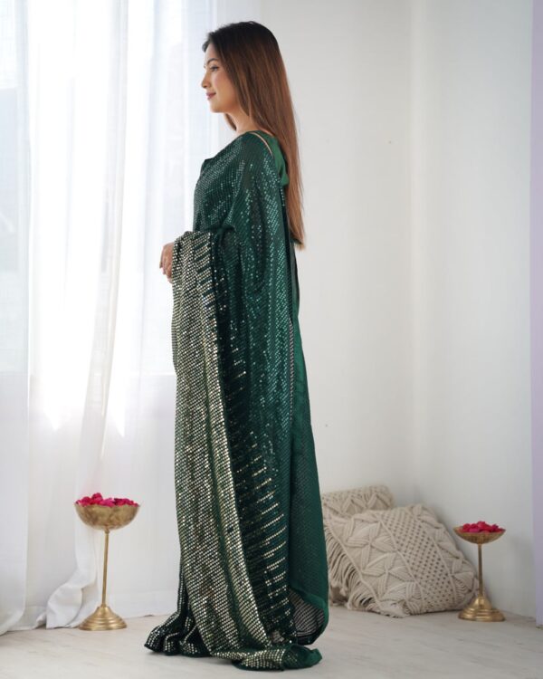 Green Heavy Georgette Sequin Saree with Unstitched Blouse - Image 2