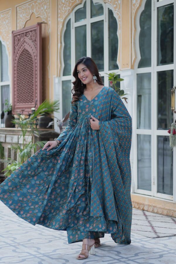 Premium Pure Cotton Readymade Gown with Pant & Dupatta Set for Women - Image 2
