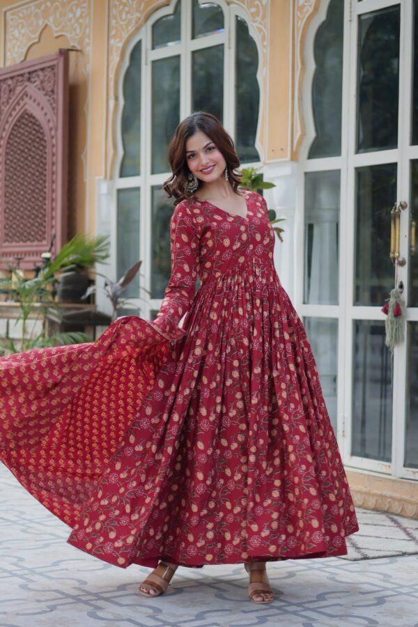 Premium Pure Cotton Readymade Gown with Pant & Dupatta Set for Women - Image 3