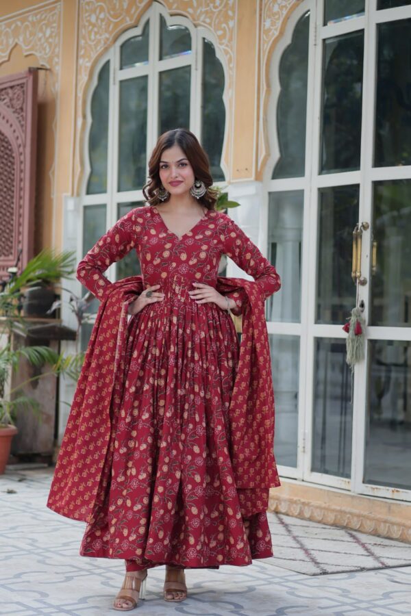 Premium Pure Cotton Readymade Gown with Pant & Dupatta Set for Women