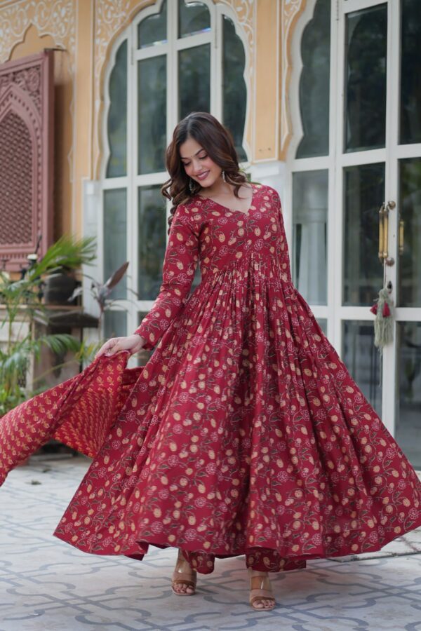 Premium Pure Cotton Readymade Gown with Pant & Dupatta Set for Women - Image 5