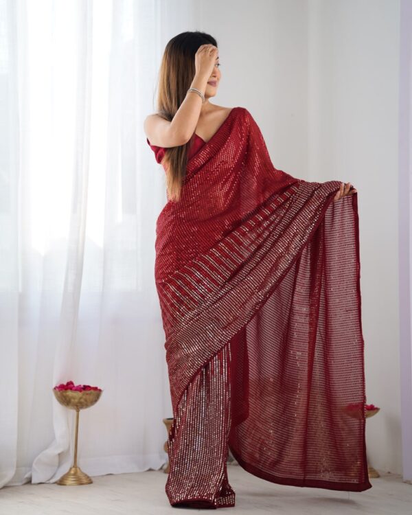 Red Heavy Georgette Sequin Saree with Unstitched Blouse - Image 3