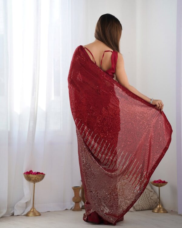 Red Heavy Georgette Sequin Saree with Unstitched Blouse - Image 2