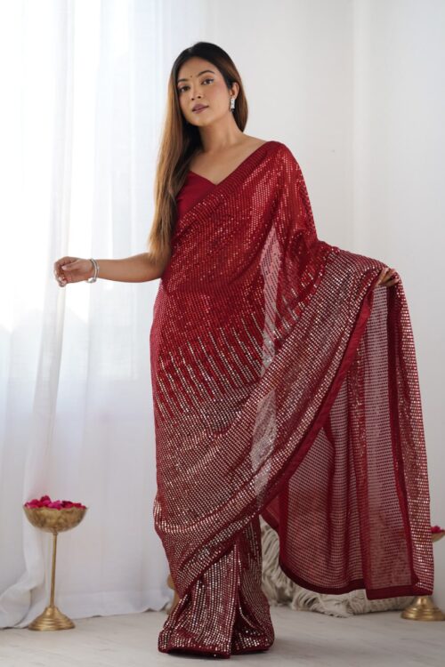 Red Heavy Georgette Sequin Saree with Unstitched Blouse
