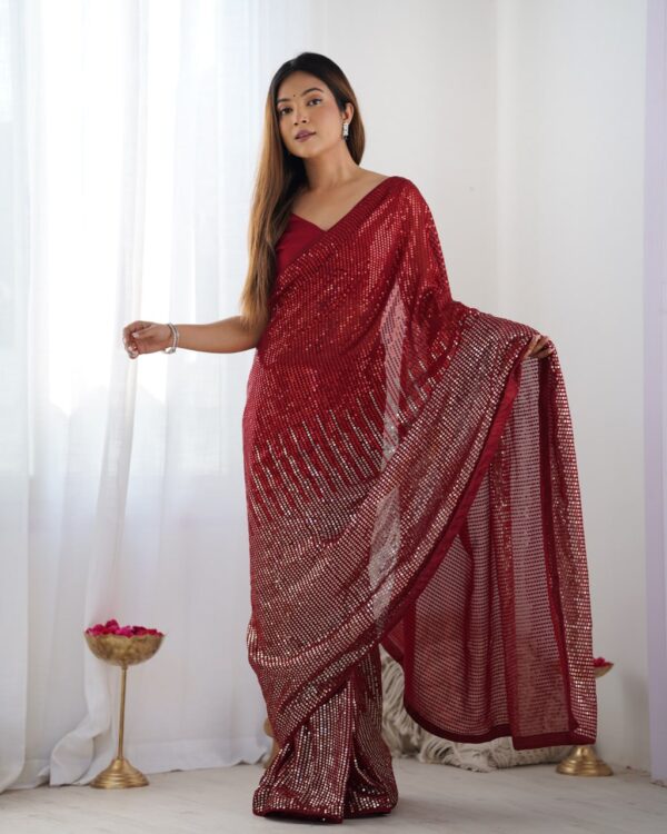 Red Heavy Georgette Sequin Saree with Unstitched Blouse