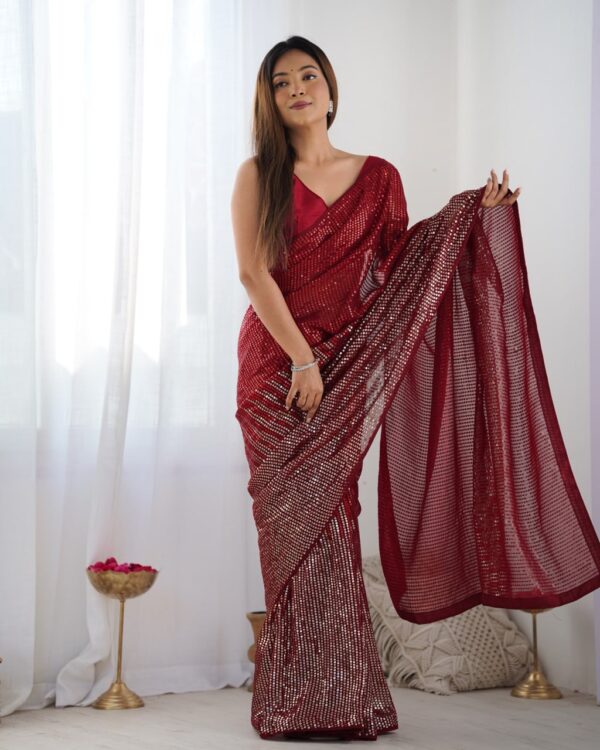 Red Heavy Georgette Sequin Saree with Unstitched Blouse - Image 6