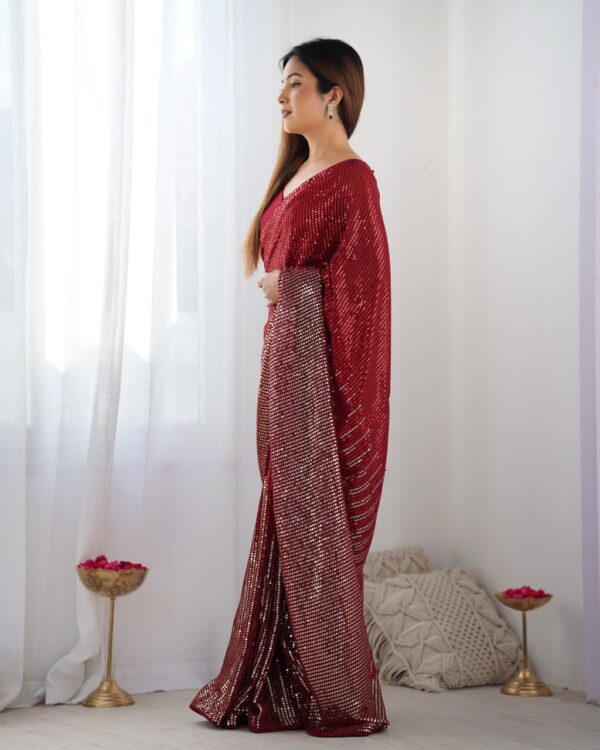Red Heavy Georgette Sequin Saree with Unstitched Blouse - Image 5