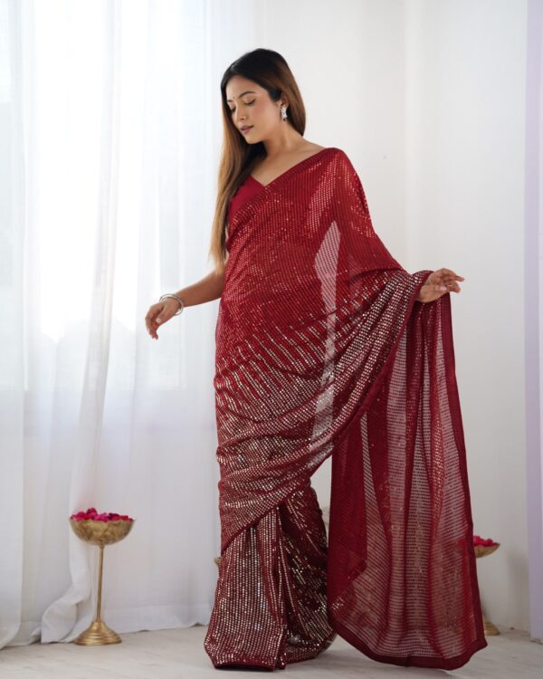 Red Heavy Georgette Sequin Saree with Unstitched Blouse - Image 4