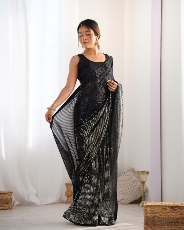 Black Heavy Georgette Sequin Saree with Unstitched Blouse