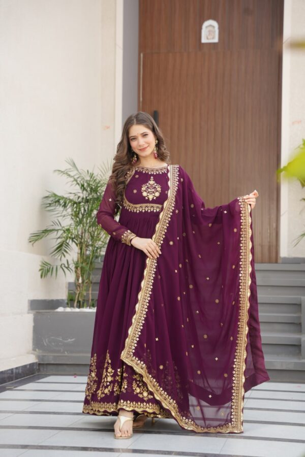 Wine Designer Faux Georgette Gown with Zari & Sequin Work + Dupatta