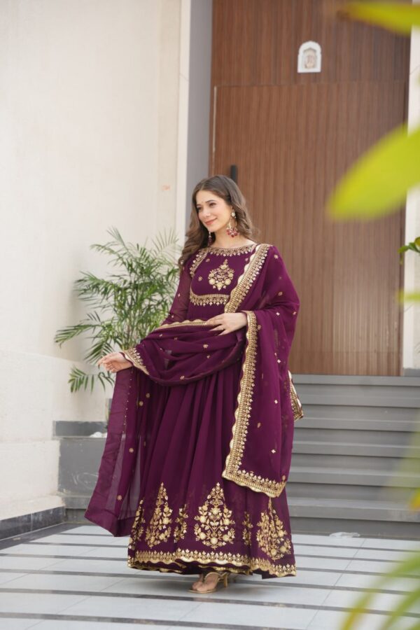 Wine Designer Faux Georgette Gown with Zari & Sequin Work + Dupatta - Image 6