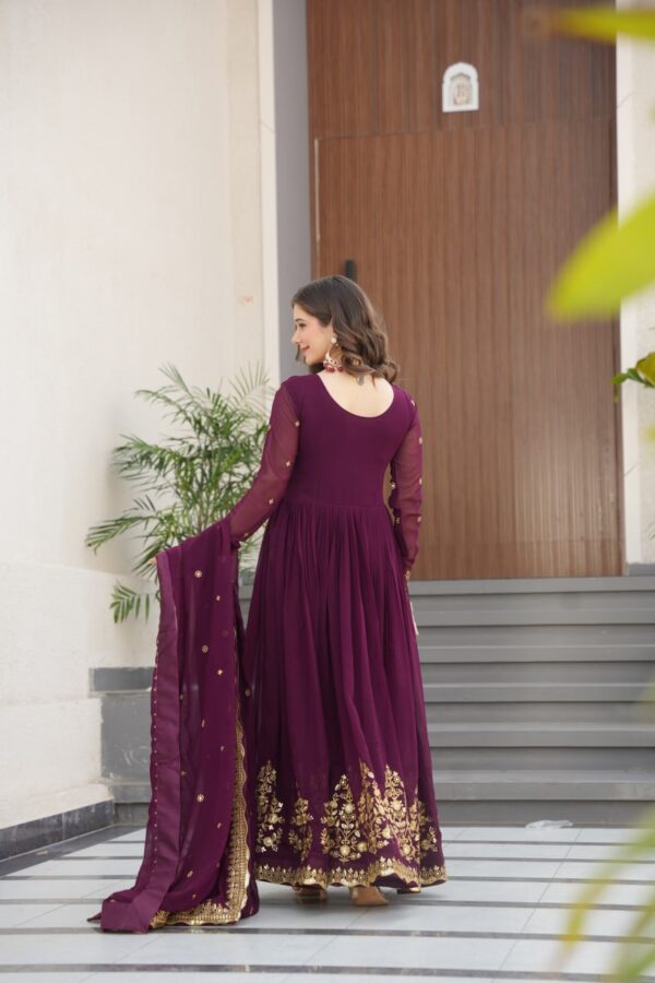 Wine Designer Faux Georgette Gown with Zari & Sequin Work + Dupatta - Image 5