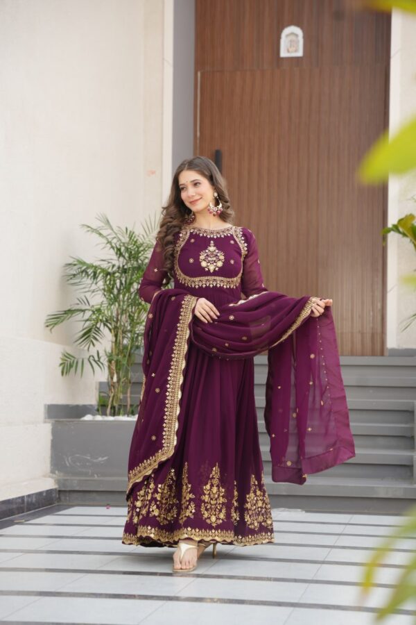 Wine Designer Faux Georgette Gown with Zari & Sequin Work + Dupatta - Image 4