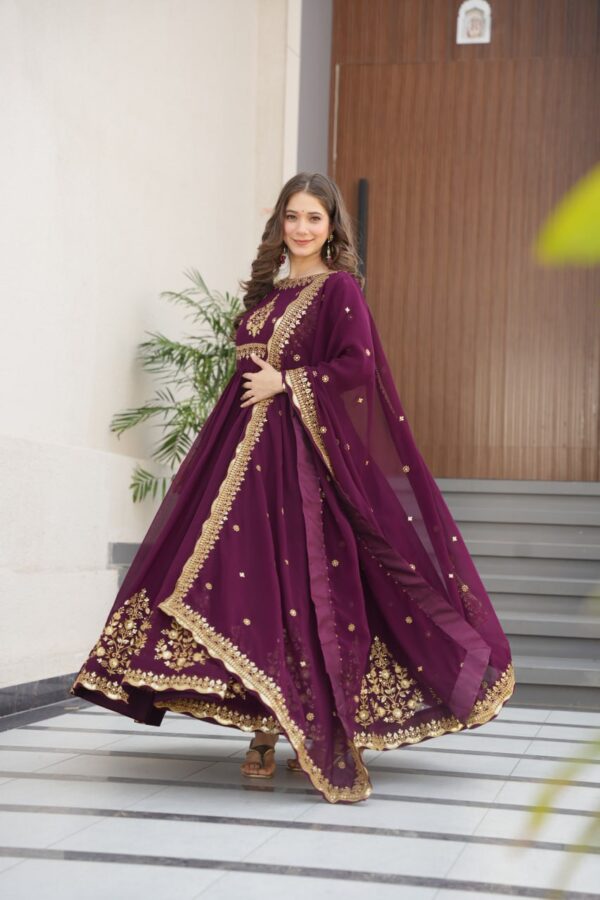 Wine Designer Faux Georgette Gown with Zari & Sequin Work + Dupatta - Image 3