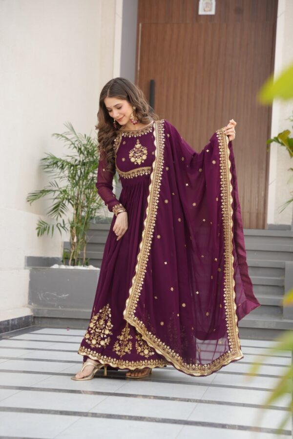 Wine Designer Faux Georgette Gown with Zari & Sequin Work + Dupatta - Image 2
