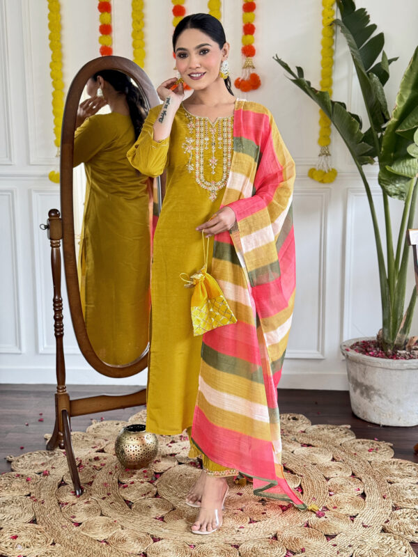 Women's Mustard Embroidered Viscose Chanderi Kurta Set with Pure Linen Dupatta - Image 5
