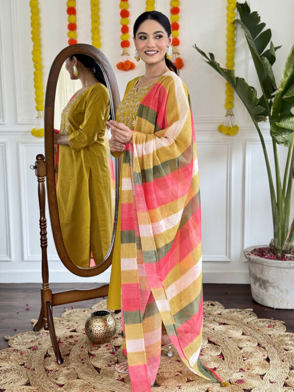 Women's Mustard Embroidered Viscose Chanderi Kurta Set with Pure Linen Dupatta