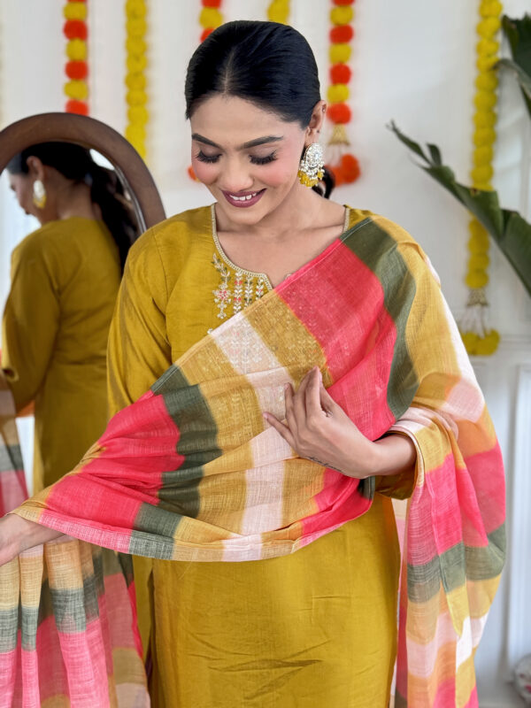 Women's Mustard Embroidered Viscose Chanderi Kurta Set with Pure Linen Dupatta - Image 2